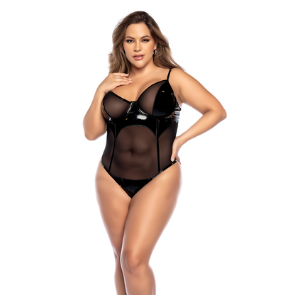 Wetlook Bodysuit 1X/2X met Vinyl en Mesh - Zwart