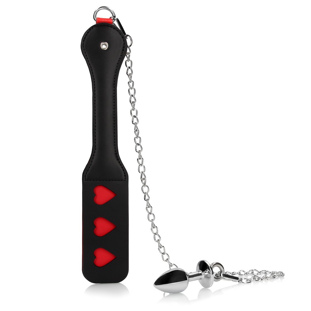 'BDSM Harten Paddle met Metalen Anaalplug - Zwart/Zilver' - EroticToyzPeddelsOuch! by Shots