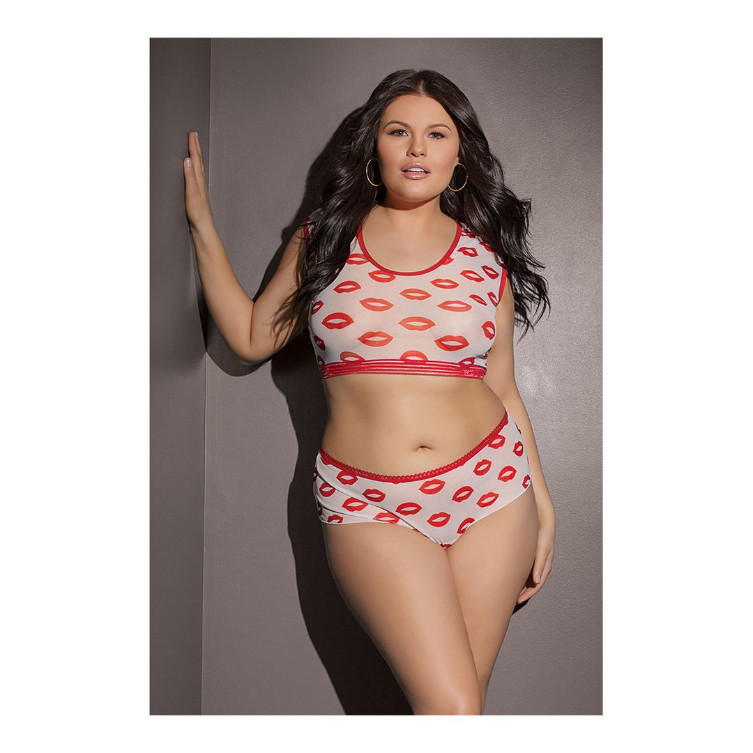 Crop Top and Shorts with Lip Print - Plus Size - EroticToyzProducten,Lingerie,Lingerie voor Haar,2 - Delige Set,Queen size,Outlet,,VrouwelijkCoquette