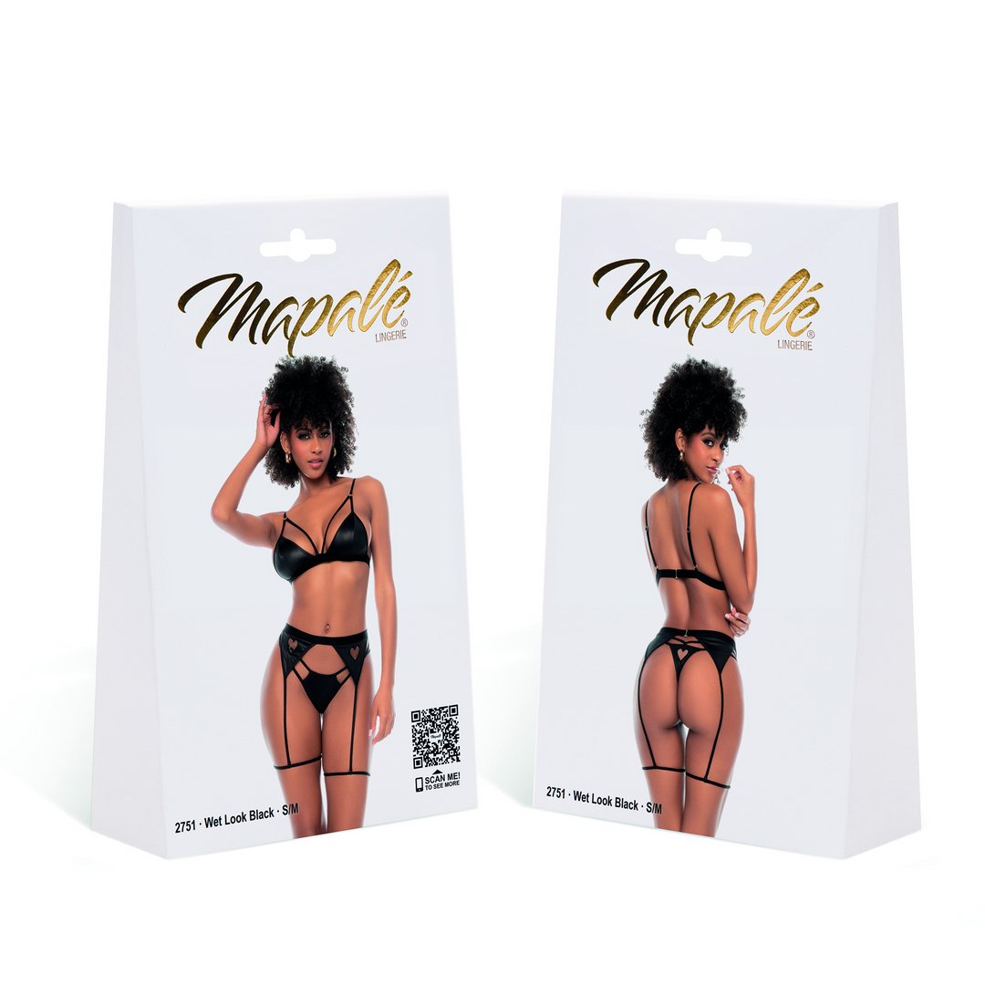 Drie - Delige Wetlook Set met Verstelbare Bralette - Zwart L/XL - EroticToyz3 - Delige SetMapalé