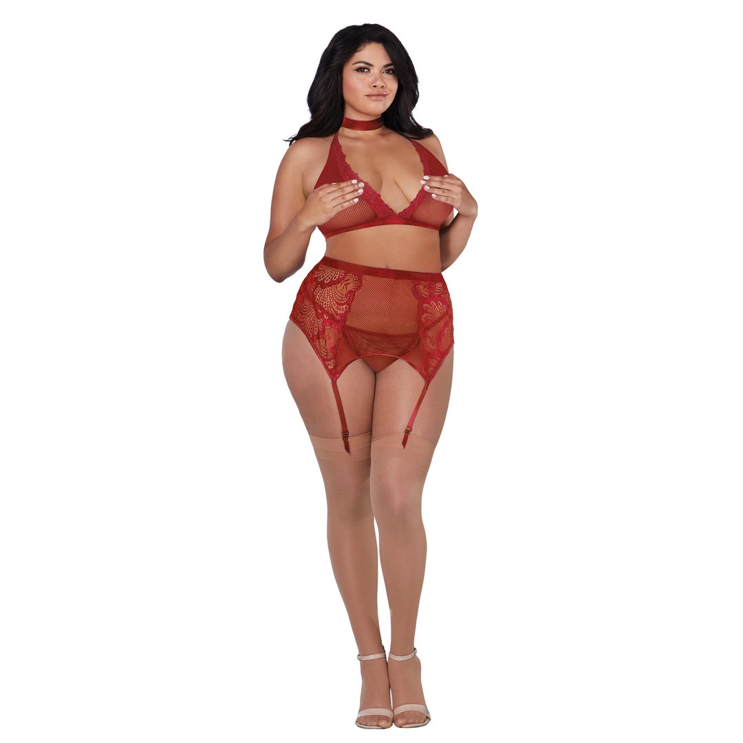 Fishnet and Lace 4 Piece Set - Plus Size - EroticToyzProducten,Lingerie,Lingerie voor Haar,3 - Delige Set,Queen size,Outlet,,VrouwelijkDreamgirl