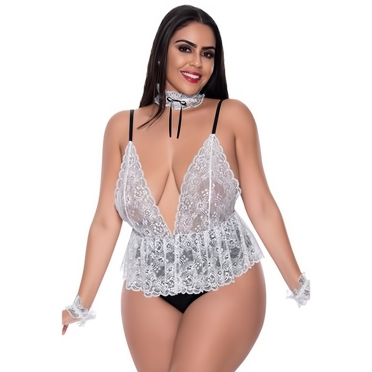 Full Service - 2XL - White - EroticToyzProducten,Lingerie,Lingerie voor Haar,Queen size,Rollenspel Kostuums,Kostuums,,VrouwelijkMagic Silk