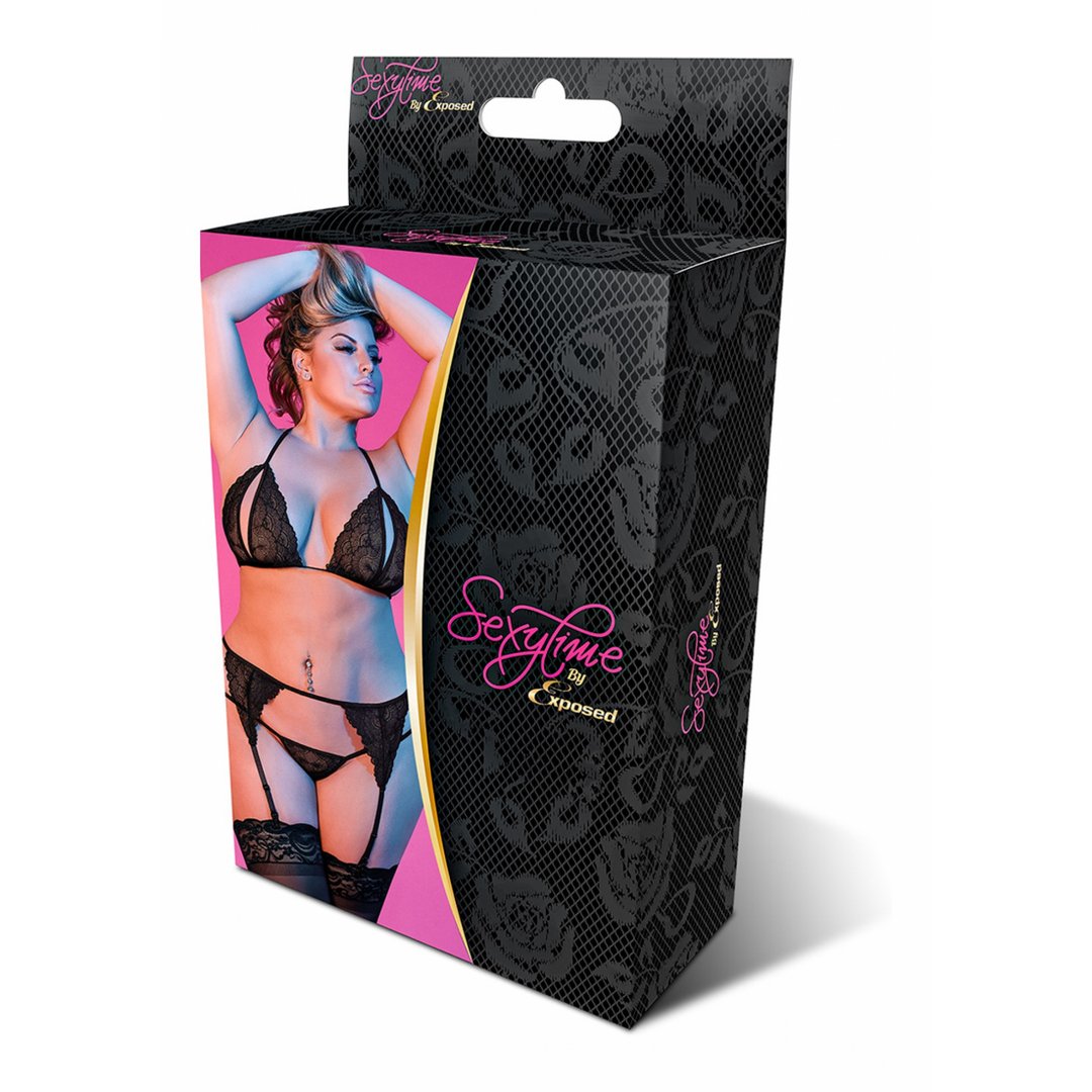 Peek - a - Boo Beha, Jarretelgordel en G - String Set - Plus Size 2XL - Zwart - EroticToyzProducten,Lingerie,Lingerie voor Haar,3 - Delige Set,Queen size,,VrouwelijkMagic Silk