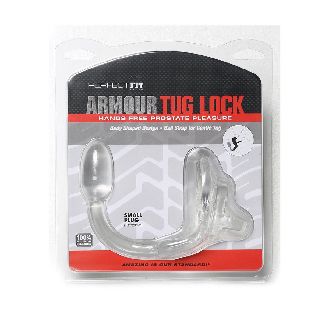 Perfect Fit Armor Tug Lock Cockring met Buttplug en Balriem - Klein - Zwart/Clear - EroticToyzCockringenPerfectFitBrand