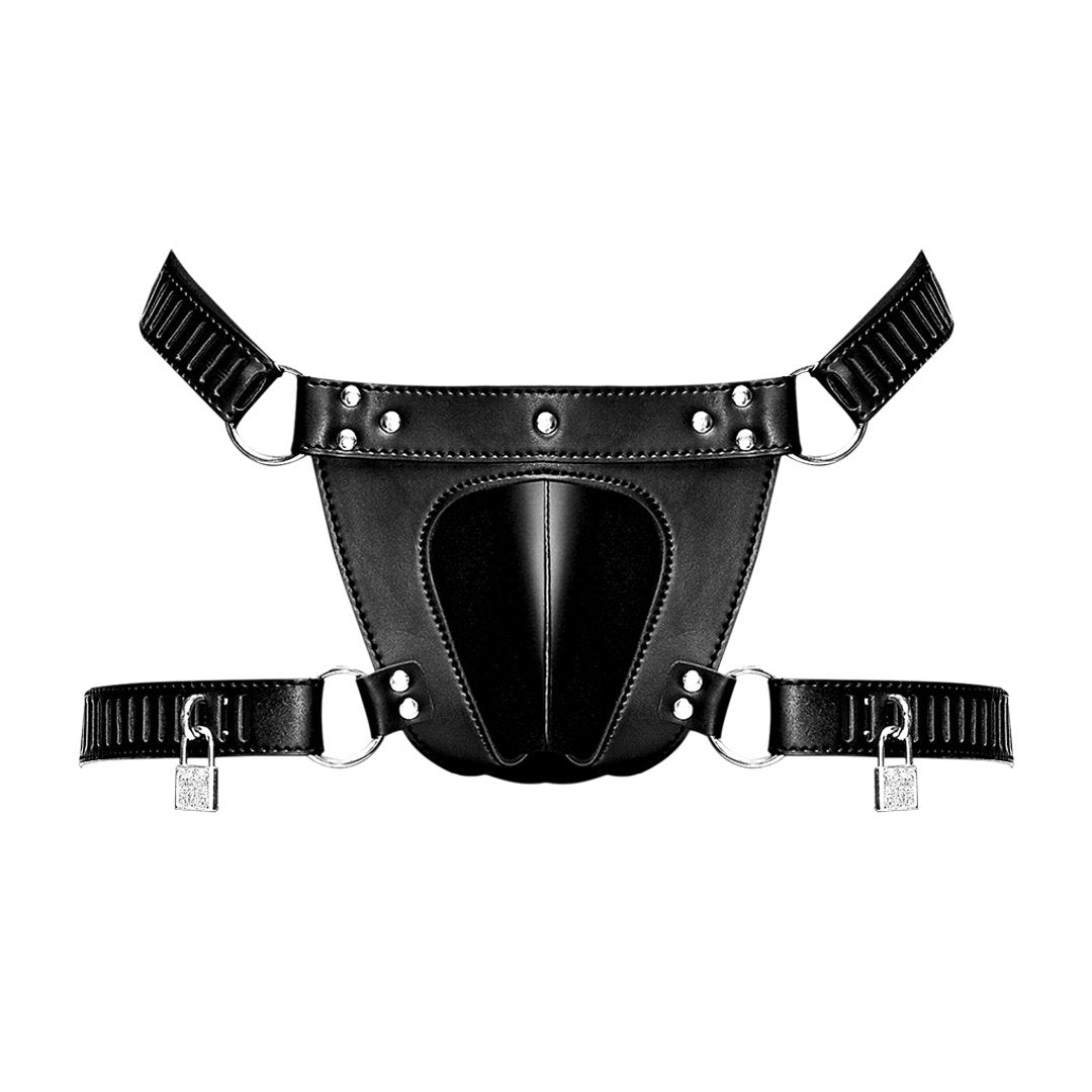 Scorpio - Imitatie Lederen Kuisheidsstring - One Size - Zwart - EroticToyzProducten,Lingerie,Lingerie voor Hem,Fetishkleding voor Hem,Strings,,MannelijkMale Power