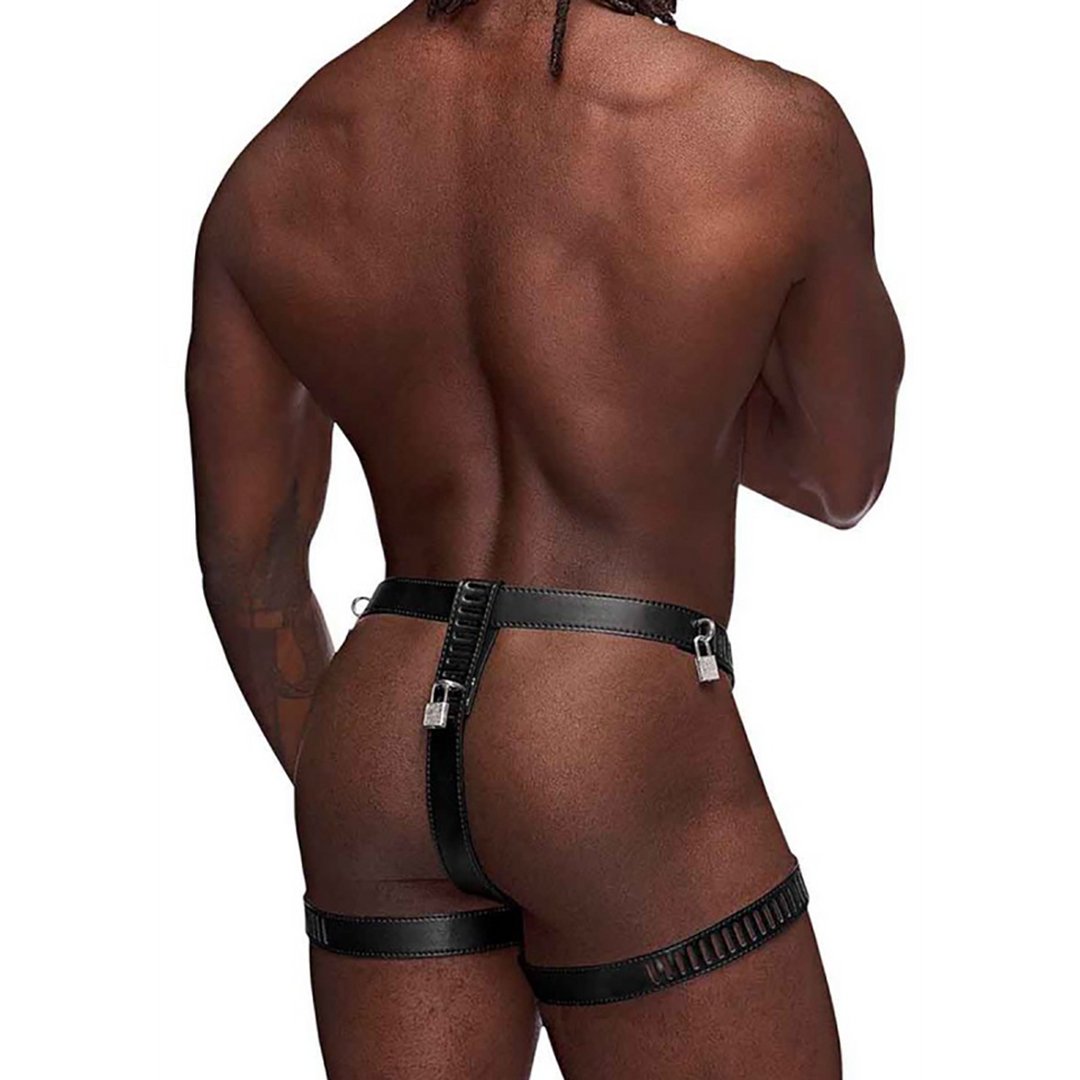 Scorpio - Imitatie Lederen Kuisheidsstring - One Size - Zwart - EroticToyzProducten,Lingerie,Lingerie voor Hem,Fetishkleding voor Hem,Strings,,MannelijkMale Power