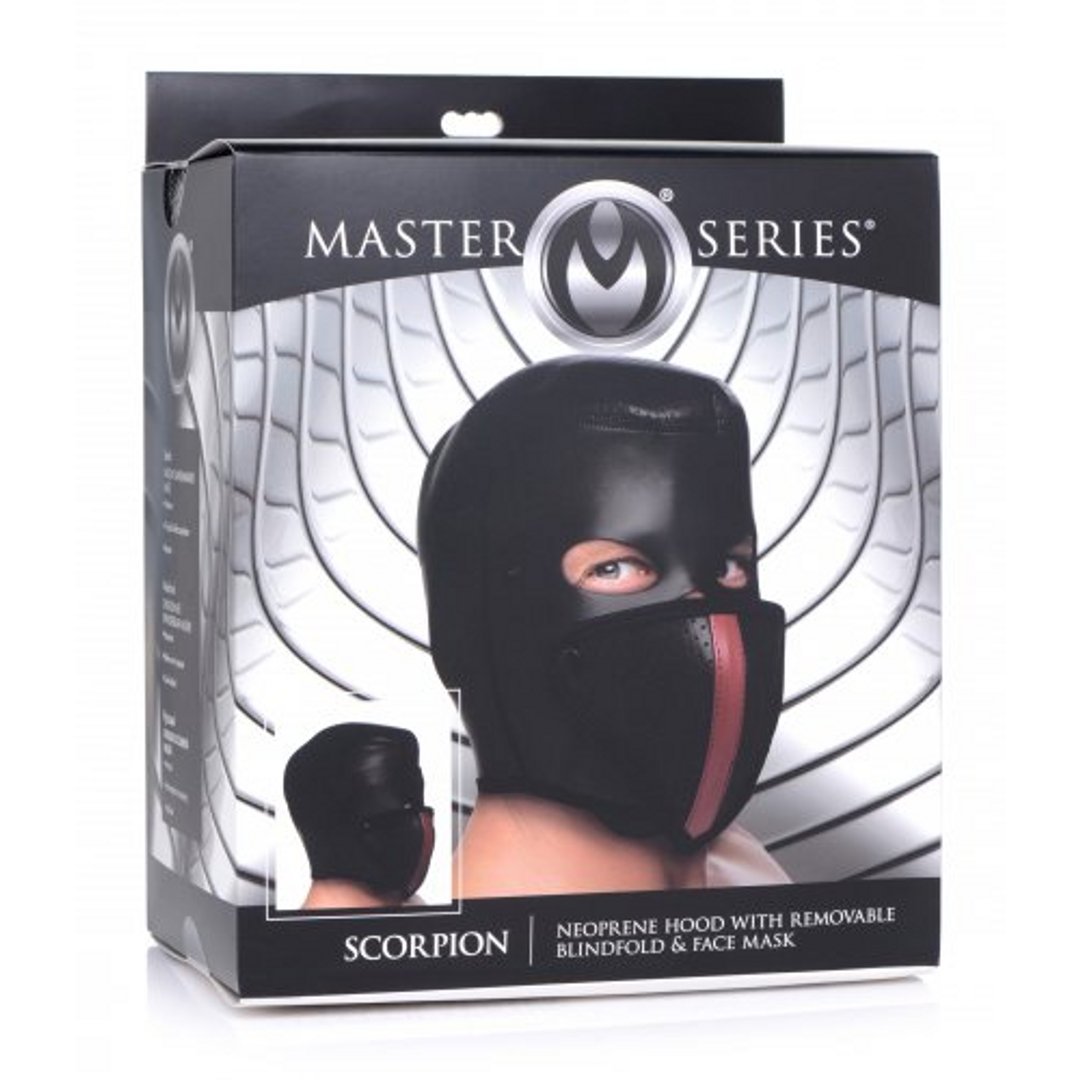 Scorpion Neopreen Capuchon met Verwijderbare Blinddoek en Mondmasker - Zwart - EroticToyzGezichtsmaskerXR Brands