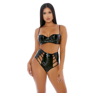 Strings Attached Vinyl Lingerie Set met Strappy Ontwerp - Zwart - Maat S - EroticToyz2 - Delige SetForplay